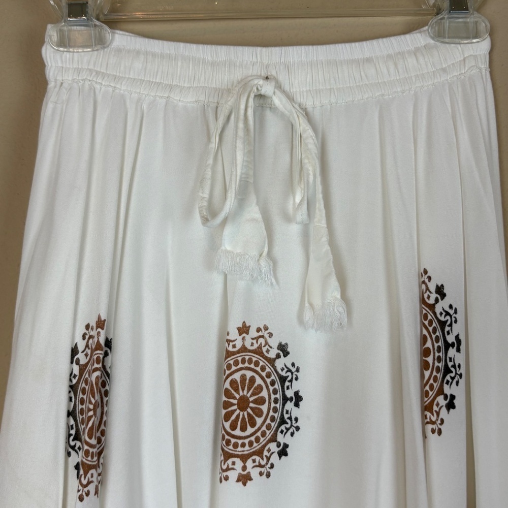 LA Fille Ivory/Black/Brown Boho Flowy Midi Skirt w/ Front Waist Tie; Size 30 (M) - Picture 2 of 7